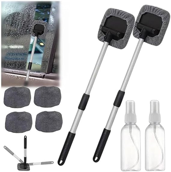 Windshield Window Cleaner Tool, Windshield Magnetic Car Window Cleaner, Magnetic Window Cleaner for Cars, Expandable Car Window Cleaner Tool with Microfiber Pads and Spray Bottles (2set)