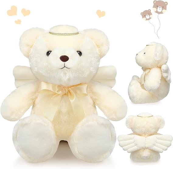 Meooeck Hydren 13.8 Inch Angel Bear Stuffed Animal - Soft Angel Plush Prayer Bear with Wings and Halo, Sympathy Gift for Kids, Boys, Girls, Ideal for Baby Shower, Baptism, Christening, Birthday