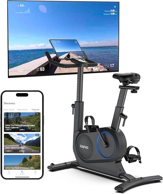 Exercise Bike RENPHO Stationary Bike with Exclusive App Free Fitness Courses for Home, 24-Level Magnetic Resistance, Comfortable Seat Cushion Cardio Gym