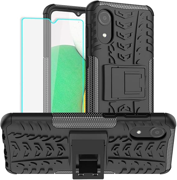 Samsung Galaxy A03 Core Case with HD Screen Protector, Shockproof Silicone Protective Cover with Kickstand (Black)
