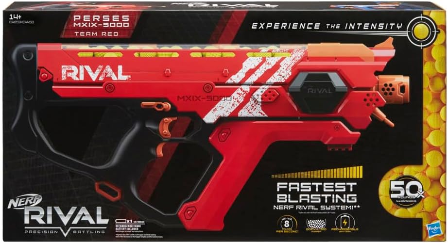 Nerf Perses Mxix-5000 Rival Motorized Blaster Red - Fastest Blasting Rival System, up to 8 Roundsper S - Rechargeable Battery, Quick-Load Hopper