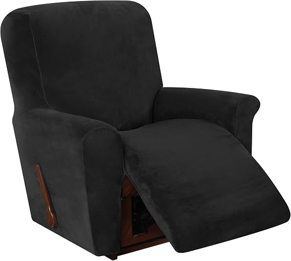 Stretch Recliner Chair Cover, 4-Pieces Recliner Slipcover Soft Velvet Recliner Covers Non Slip Furniture Protector with Pocket (Black)
