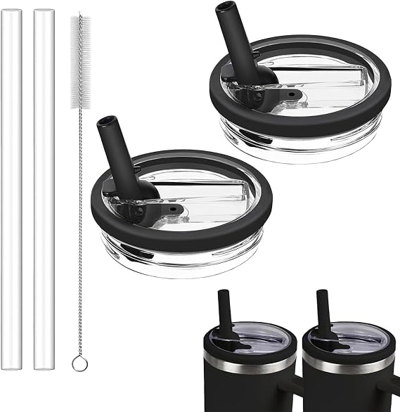 Replacement Flip Straw Lid Compatible with Stanley Quencher 40 oz Tumbler, Leakproof Cup Cover Accessories with Built-in Straw, BPA-Free Plastic Lid for Outdoor Sports, 2 Pack, Black