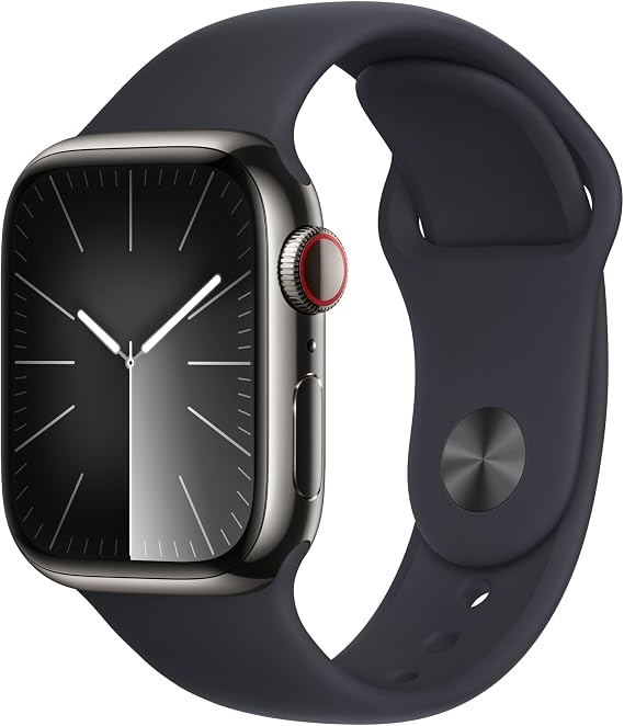 Apple Watch Series 9 [GPS + Cellular 41mm] Smartwatch with Graphite Stainless Steel Case with Midnight Sport Band S/M. Fitness Tracker, Blood Oxygen & ECG Apps, Always-On Retina Display