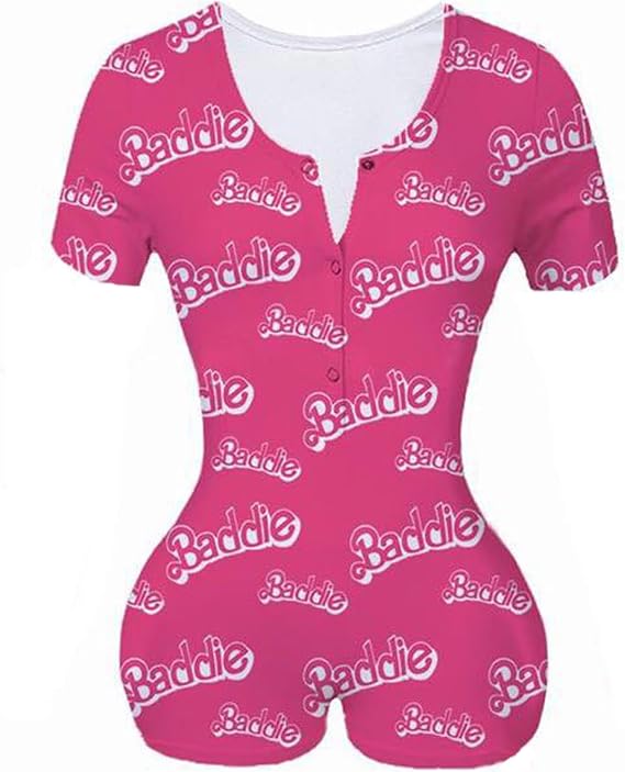 Sexy Women Deep V Neck One Piece Pajamas Romper Shorts Funny Print Bodycon Jumpsuit Button Down Pjs Overalls