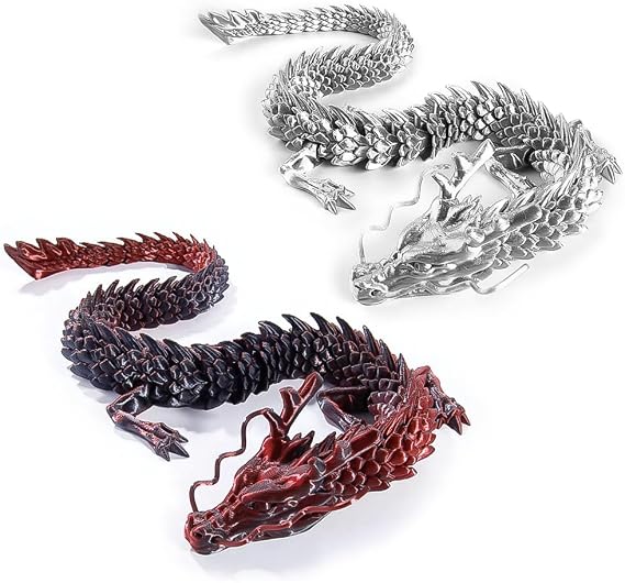 2PCS 12 Inch 3D Printed Dragon, Crystal Fidget Toys, (Silver + Black Red)