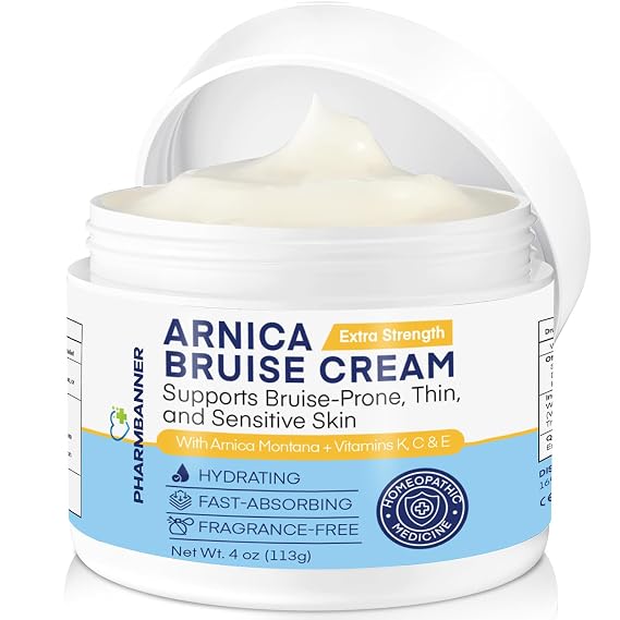 PHARMBANNER Arnica Bruise Cream Extra Strength Fast-Acting Arnica Montana with Vitamins K, C & E for Bruising, Swelling, Discoloration & Thin Skin Hydrating Moisturizer for Face & Body 4 oz