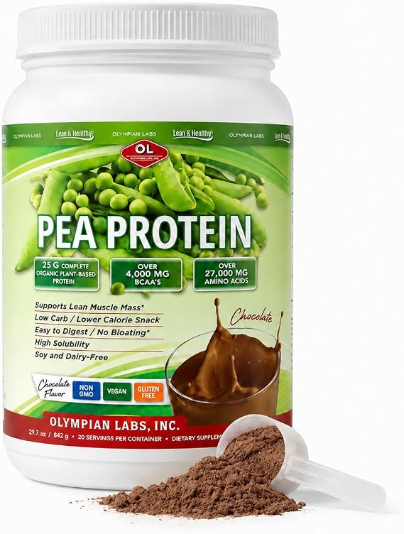 Olympian Labs Plant Based Pea Protein Powder, Chocolate - 25g of Protein, Vegan, Low Net Carbs, Gluten Free, Lactose Free, No Sugar Added, Soy Free, Non-GMO, 2 Pound Pea Protein