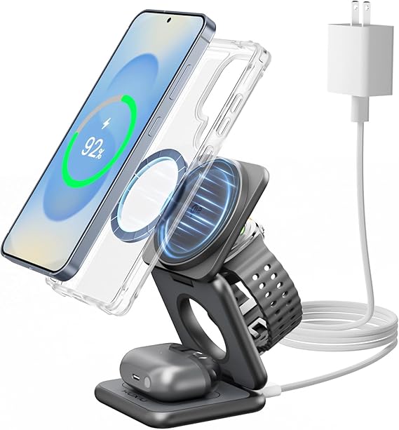KU XIU Qi2 3 in 1 Charging Station for Samsung | Aluminum Alloy Foldable 15W Wireless Charger for Galaxy S26 S25 Series, Fast Charger for Galaxy Watch Ultra, for Galaxy Buds