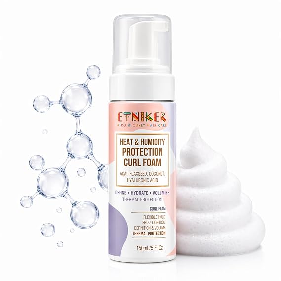 ETNIKER Heat & Humidity Protection Curl Foam. Flaxseed & Hyaluronic Acid Curl Mousse for Curly & Wavy Hair. Anti-Frizz Curl Defining Styling Foam, Lightweight Hold. Alcohol & Silicone Free. 5 oz