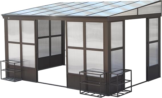 10x14FT Sunroom, Outdoor Permanent Wall Mounted Solarium with Detachable Polycarbonate Windows, Aluminum Sun Room with 2 Lockable Sliding Doors, All Season Lean to Gazebo for Deck, Patio