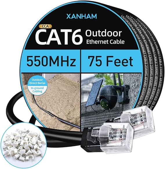 Cat6 屋外イーサネットケーブル 75フィート 防水 耐紫外線 直接埋設ジャケット CCA 銅クラッド Cat 6 UTP ネットワークケーブル インターネットとカメラ、CCTV用