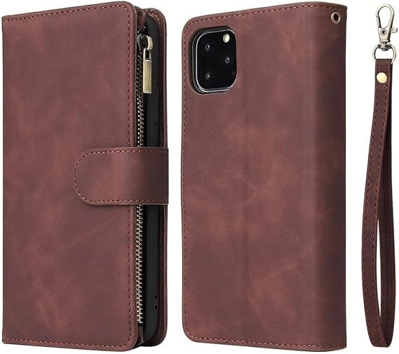 For iPhone 16 Pro Max用レザーウォレットケース、ジッパー付きウォレット、カードスロット、マグネット式フリップカバー（For iPhone 16 Pro Max用／コーヒー）