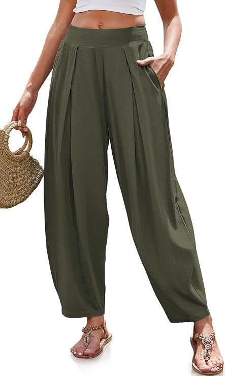 TARSE Womens Linen Harem Pants Loose Fit Boho Pants with Pocket