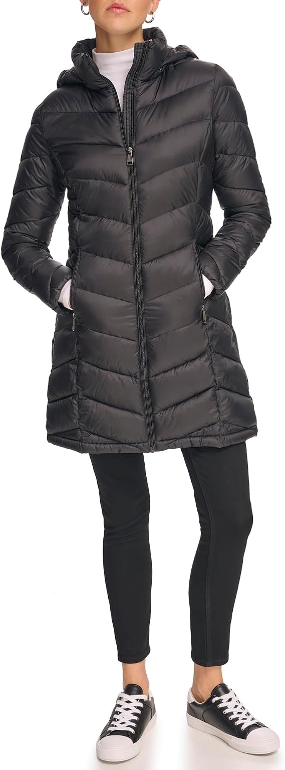 Calvin Klein Women's Everyday Hooded Zip Front Puffer Long Sleeve Down Coat
