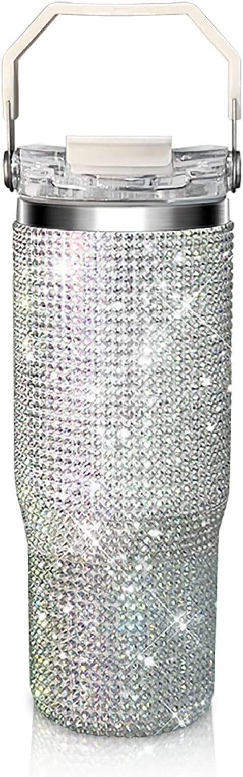 HWISDMIG 30 Oz Tumbler with Handle Studded Tumbler with Lid and Straw Insulated Stainless Steel Double Wall Water Cup Travel Mug Water Bottle Tumblr for Women (Shiny)