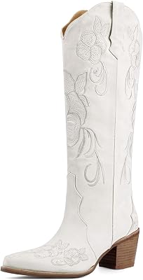 Cowboy Boots for Women Knee High Cowgirl Western Boots Pointed Toe Chunky Block Heel Retro Vintage Floral Embroidered Pull-On Tabs Tall Boot