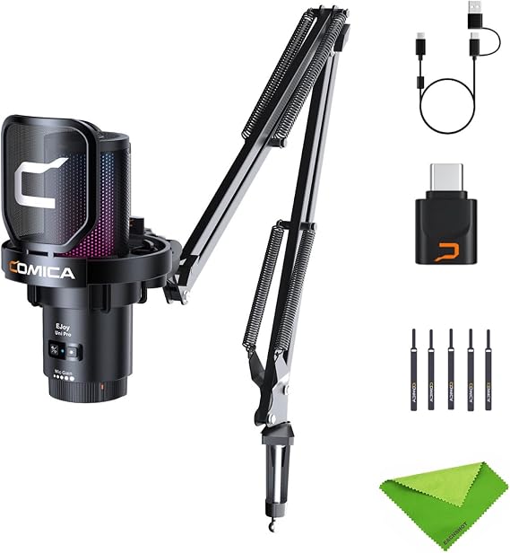 comica EJoy Uni Pro (A)-Wireless Black Microphone for Computer and Smartphone,48Khz/24Bit RGB Cardioid Condenser Gaming Mic for Podcasting,Streaming,Recording,Music Creation,with Boom Arm Stand