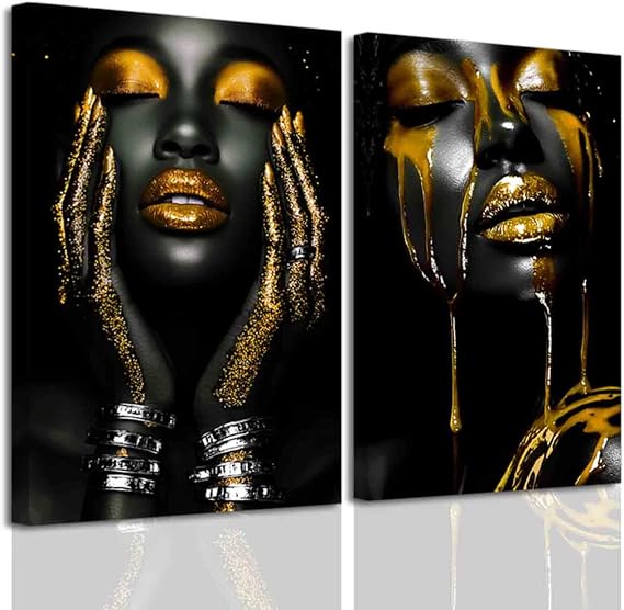 BJYCHG 2Pcs African American Canvas Wall Art Abstract Black Woman Face Painting Prints Fashion Black Female Portrait Poster Pictures Modern Girl Bedroom Room Decor (Gold, (16x24inx2 Pieces))