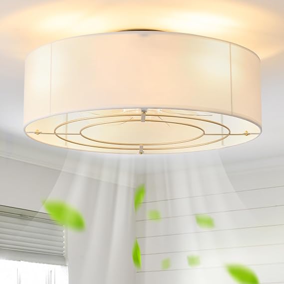 Low Profile Ceiling Fans with Lights, 20" Boho Rattan Ceiling Fan with Light Flush Mount and Remote Control, Drum Caged with 6 Speeds for Bedroom, Nursery, Living Room