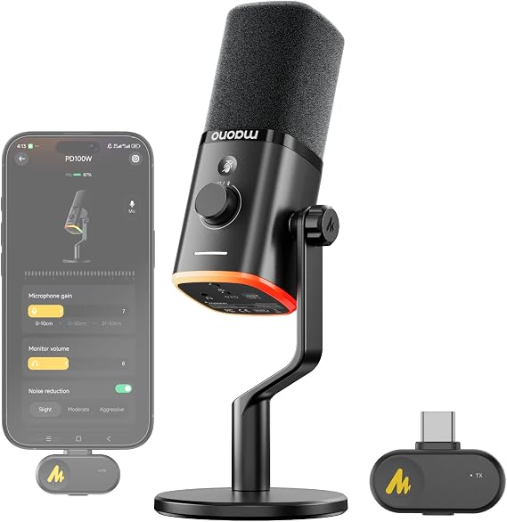 MAONO Kablosuz dinamik mikrofon, USB-C, kablosuz ve kablolu çift mod, 7 katmanlı gürültü azaltma, RGB PC masa mikrofonu, oyun/akış / toplantılar için, PD100 W, siyah