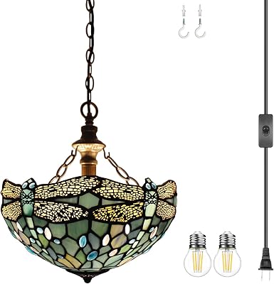 WERFACTORY Tiffany Pendant Light Plug in Sea Blue Stained Glass Dragonfly 12 Inch Hanging Lamp Decor Island Kitchen Bar Hallway Dining Bedroom Entryway Home Office S147 Series