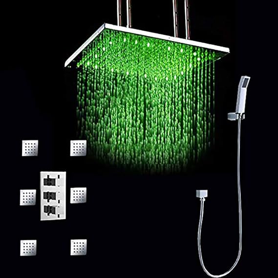 Cascada Bathroom Shower Set with Luxury 20" Water Power LED Shower Head (Ceiling Mount) Rainfall, 3-Way Valve, 6 Massage Jets Spray Body Shower Set, Stainless Steel/Chrome Finish