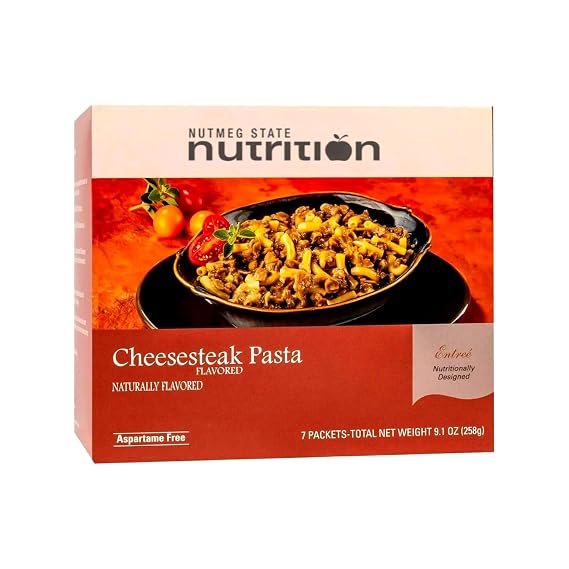 Nutmeg State Nutrition High Protein Entree, Low Calorie, Low Carb, Bariatric Diet Friendly, Ideal Protein Compatible, 7 Servings Per Box (Cheesesteak Pasta)