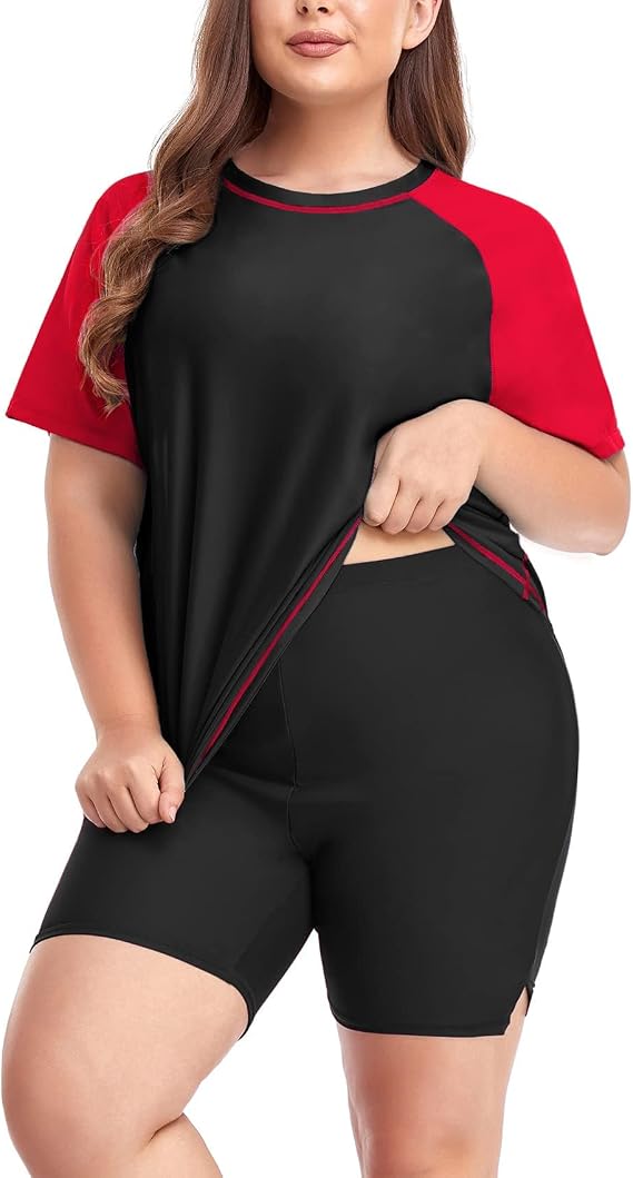 Inno Women's Plus Size 2 Piece Rash Guard Swimsuits Short Sleeve with Boyshorts UPF 50+ Surfing Swimwear 1X 2X 3X 4X 5X 6X