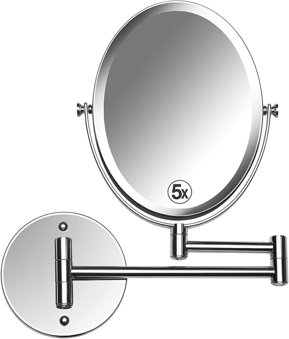 MIRRORVANA 5X/1X Wall Mounted Makeup Mirror, 6.6"x8.6" Glass Area (Chrome)