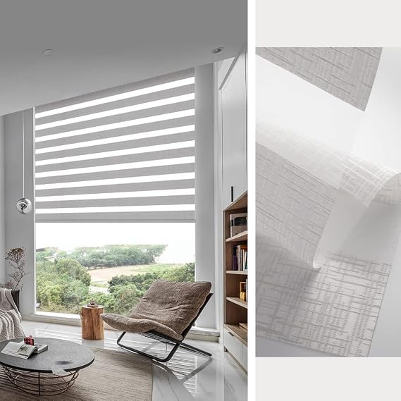 ZSHINE Motorized Zebra Shade Width(23-95 inch) Compatible with Alexa Siri via Broadlink Jacquard Velvet Double Layers Fabric Sheer Automatic Shades with Valance (Milky White)