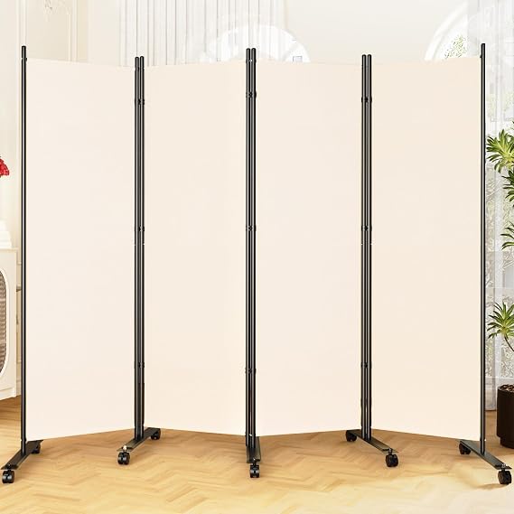 SUNALLY Room Divider Privacy Screens, 4 Panels Dividers with Wheels, Beige
