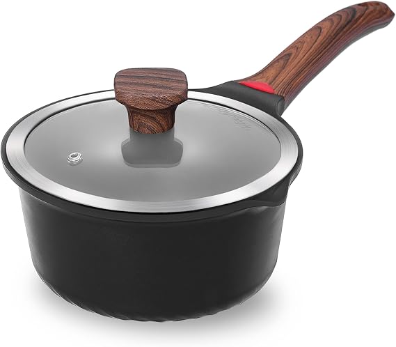 Vinchef 2QT Nonstick Sauce Pan with Lid, Ceramic Coating | German 3C+ reinforced ceramic stays nonstick longer, scratch-resistant, stay-cool handle, works on induction, easy to clean