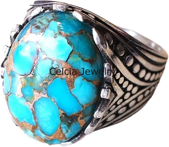 Blue Copper Turquoise Genuine Blue Gemstone Oval Ring, Real 925 Sterling Silver, Signet Ring, Statement Ring, Wedding Ring, Mens Gifts Ring, Unique Gift For Him