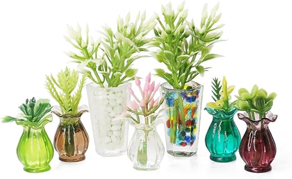 Odoria 1/12 Miniature Potted Plants 2Pcs and Flower in Vase 5Pcs Dollhouse Decoration Accessories