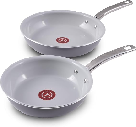 T-Fal Fresh Gourmet Recycled Ceramic Nonstick Fry Pan Set, 2 Piece, 8, 10,5 Inch Oven Broiler Safe 500F Cookware, Pots and Pans, Grey