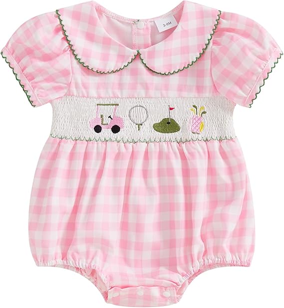 GOOCHEER Summer Baby Girl Romper Bodysuit Golf Plaid Embroidery Short Sleeve Jumpsuit Summer Clothes