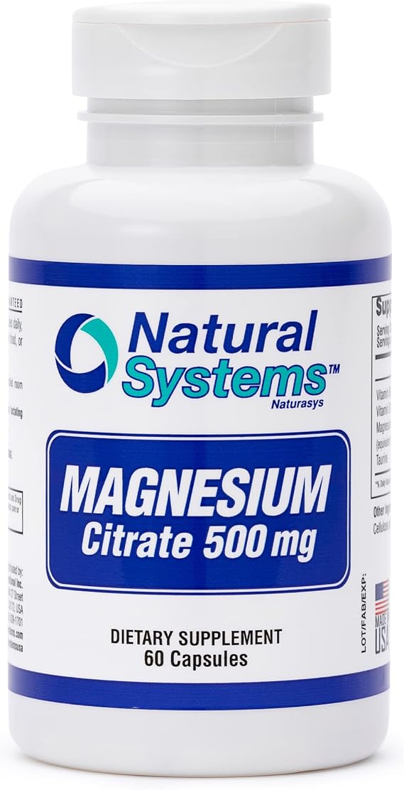 Magnesium Citrate 500mg 60 Capsules by Natural Systems - Magnesium Supplement Powder Muscle Calm - Magnesium Supplement for Constipation - Magnesium Citrate Powder Capsules for Natural Slim