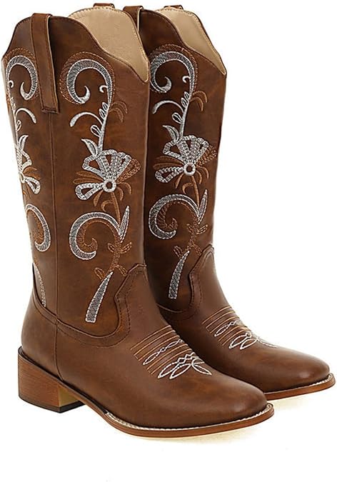 Cowboy Boots for Women Western Cowboy Cowgirl Ankle Boots Snip Toe Mid Calf Western Boots (Color : Brown, Size : 6 US)