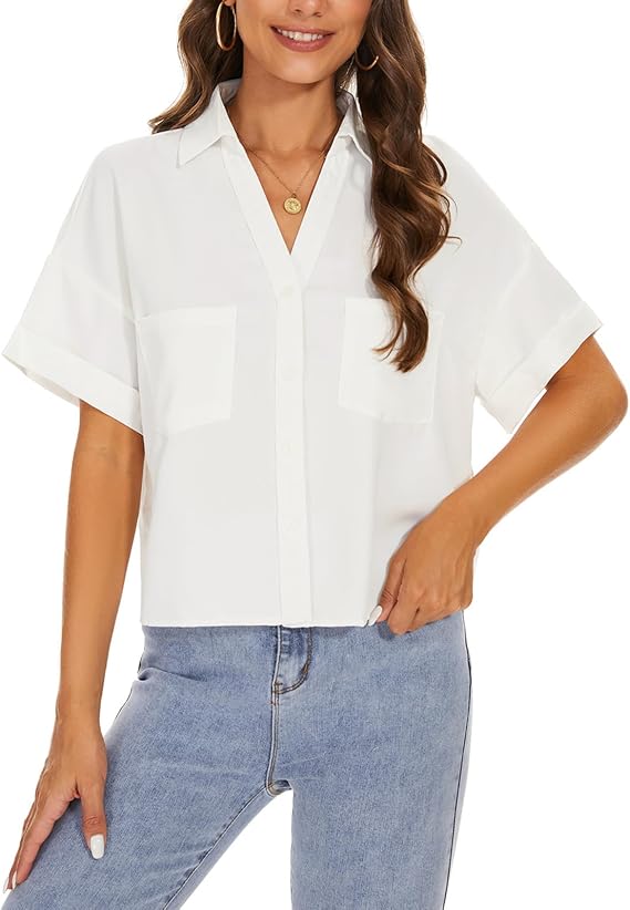 MINTLIMIT Womens Button Down Crop Tops Short Sleeve Cropped Blouse Shirt