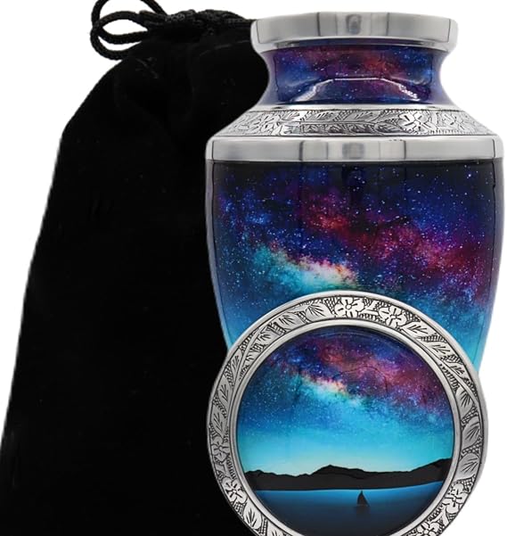 Blue Starry Night Sailing Boat Cremation Urn Sailboat Under Serene Sky - Metal Funeral Urn for Human Ashes - Large Adult Size Burial Urn - Finished with Airbrushing Details - Adult Size - 200 cu in
