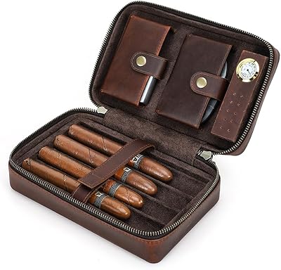Hiram Luxury Full-Grain Oil-Drop Calfskin Cigar Humidor - 4-Stick Genuine Leather Portable Cigar Case with Hygrometer and Multi-Function Accessories