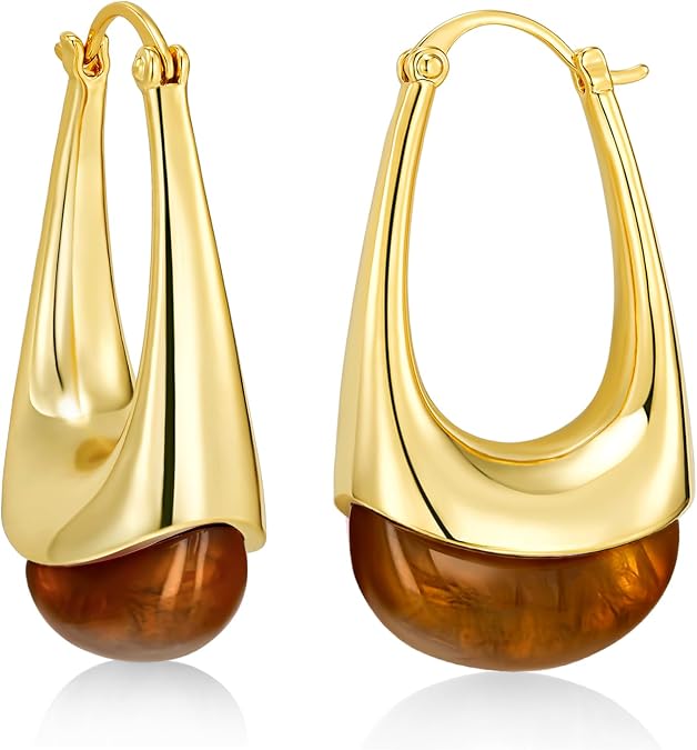 SNGIA Long Oval Chunky Dangle 18K Gold Plated Hoops with Colored Resin Gemstone Statement Earrings for Women, (Green, Brown, Light blue, Dark Blue), Bold Drop Handmade Exaggerated Irregular Trendy Bohemian Jewelry Gifts, Unique Dangling Teardrop Baroque Stone Summer Beach Fashion Earrings Accessories, Round Vintage Thick Circular Nickle Free Huggies Hoop Earrings
