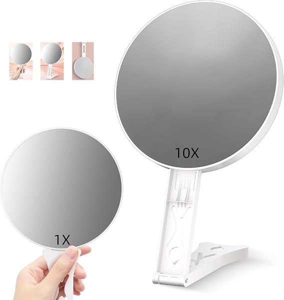 Magnifying Mirror 10X, Double Sided 10X /1X Large 5.5inch Travel Makeup Mirror, High Magnification Hand Mirror with Handle, Portable Magnified Mirror 10x with Stand for Precision Makeup Deep Cleaning