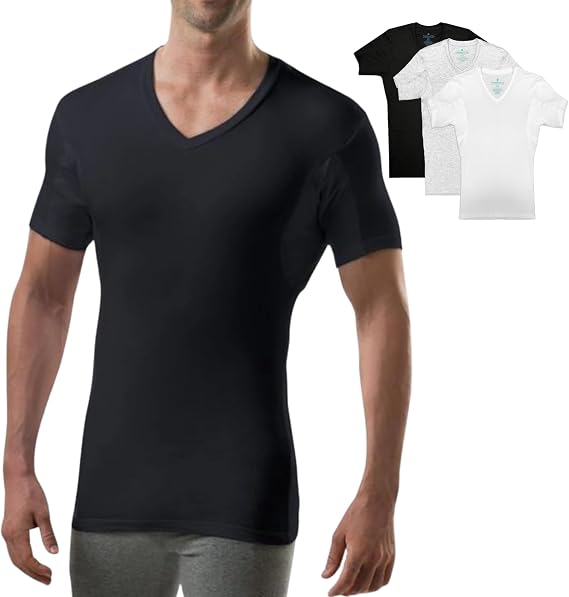 THOMPSON TEE Men's Sweatproof Undershirt | V Neck | Slim Fit | with Sweat Pads | White, Black, Gray | Bundle | Medium