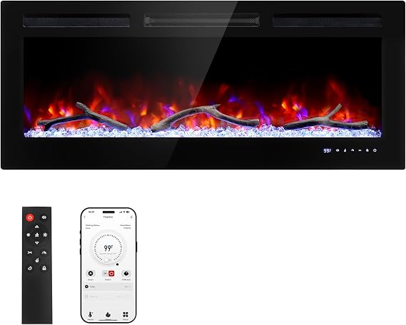 Cheerway 42 Smart WiFi Electric Fireplace Heater, Wall Mounted & Recessed Electric Fireplace Insert w/Timer, Child Lock, Crackling Sound, App & Remote Control, Adjustable Flame,1500W