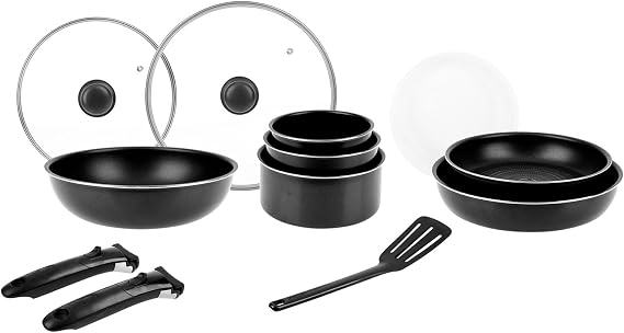 Sitram 714946 Cookware Set 14 Pieces Aluminium Black: 2 Amuv Handles, 1 Wok 28 cm 2 Frying Pans 24.28 3 Saucepans 16,18,20 2 Glass Cover Diameter 24.28 3 Plastic Cover Diameter 16,18,20 1 Spatula