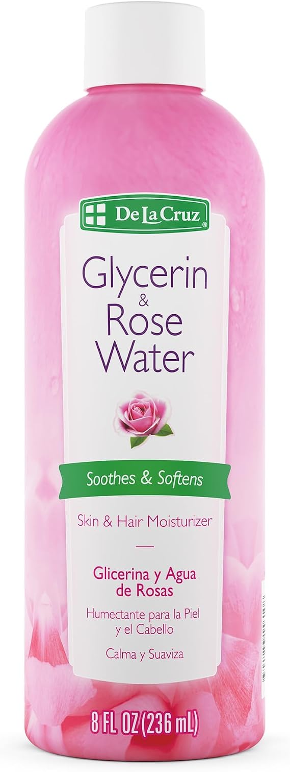 De La Cruz Glycerin Rose Water, Skin & Hair Moisturizer, 8 fl oz with Cap | Vegetable Glycerin, Rose Petal Extract, Skin Moisturizer, Hair Shine, Makeup Primer, Free of Alcohol, Cap Bottle