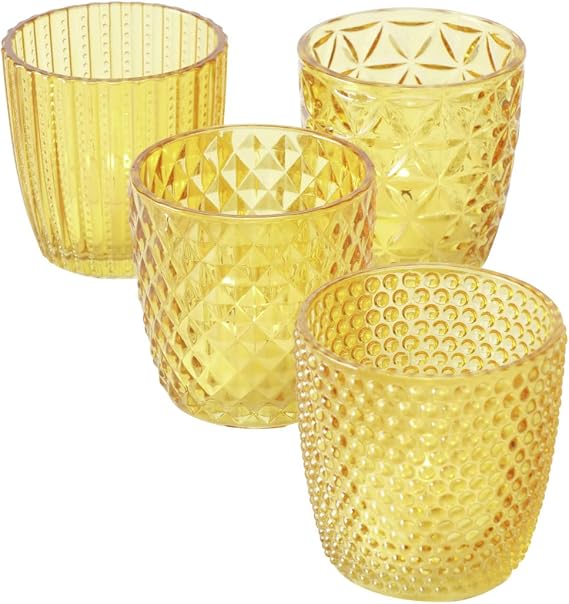 Boltze Marilu 2001878 Tea Light Holder Set of 4 (Yellow, Decorative Glasses for Candles/Tea Lights, Candle Holder, Diameter 8 cm, Various Patterns, Round Shape, Tea Light Holder)