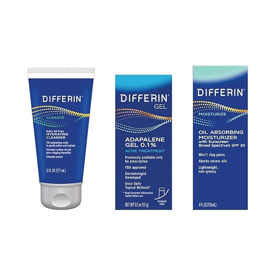 Differin 3-Step Acne Skincare Kit with Adapalene Gel & SPF Moisturizer | Complete Acne Skincare Regimen, Adapalene Retinoid Gel, Oil-Free Face Wash, SPF Moisturizer, Acne-Prone Skin, Daily Routine